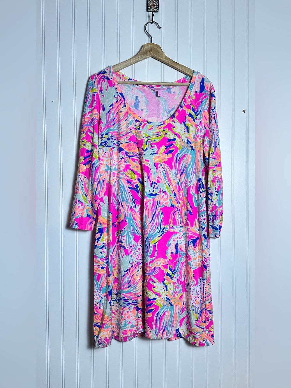 the Lilly Pulitzer Devon Dress  Tiki Pink Sunken Treasure" print L - Picture 3 of 10
